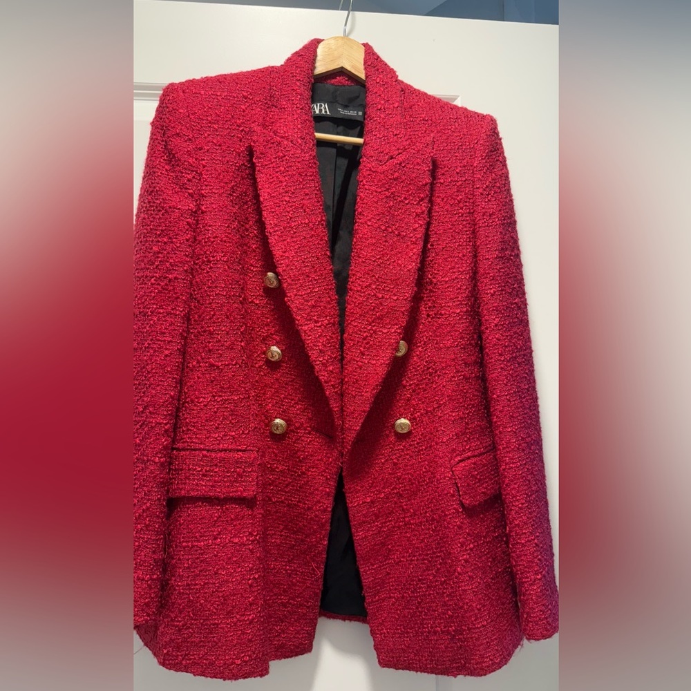 Zara Red Textured Blazer with Gold Buttons